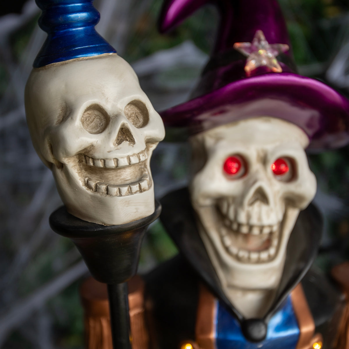 4ft Blue and Purple Halloween Nutcracker Skeleton with Skull Staff and LED Lights