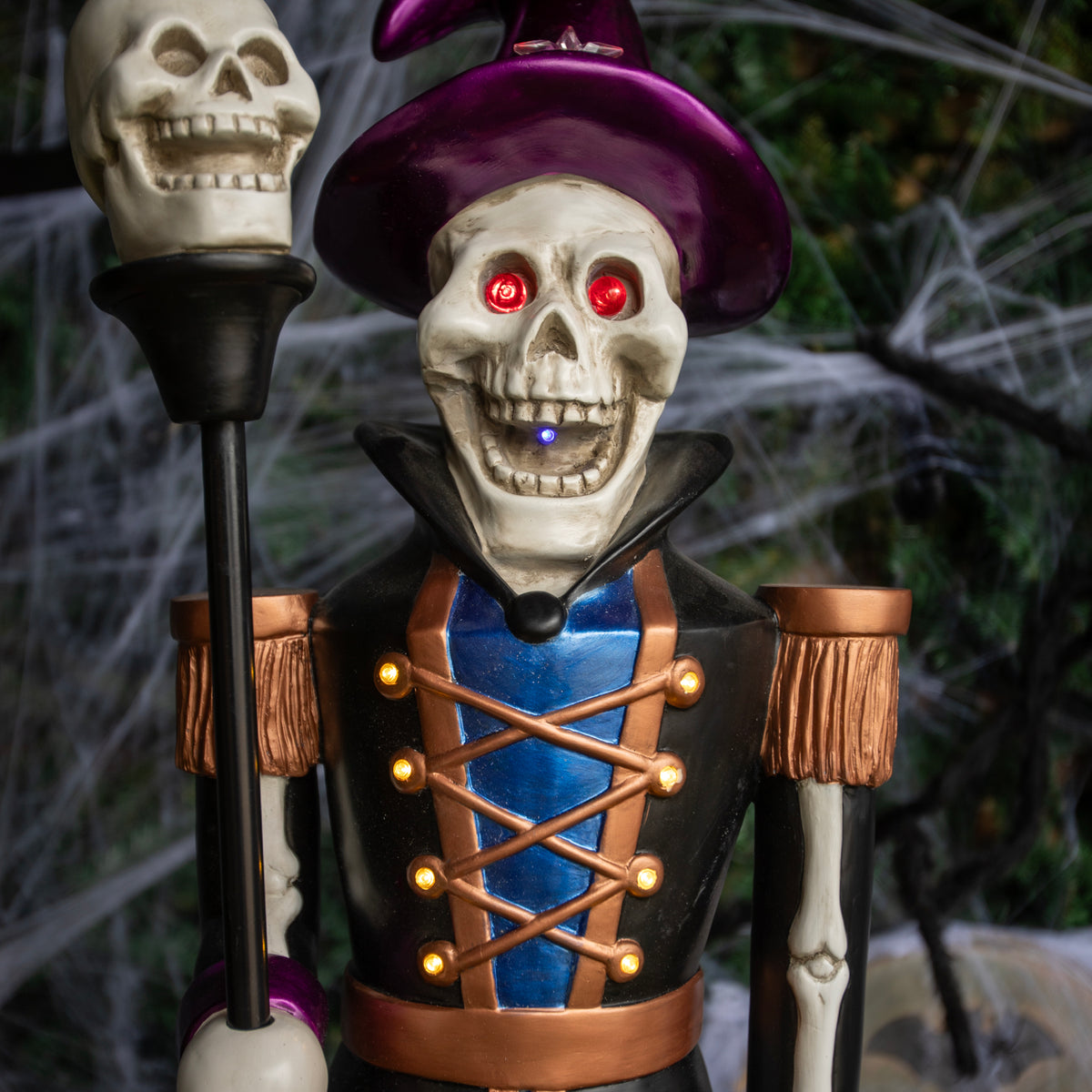 4ft Blue and Purple Halloween Nutcracker Skeleton with Skull Staff and LED Lights