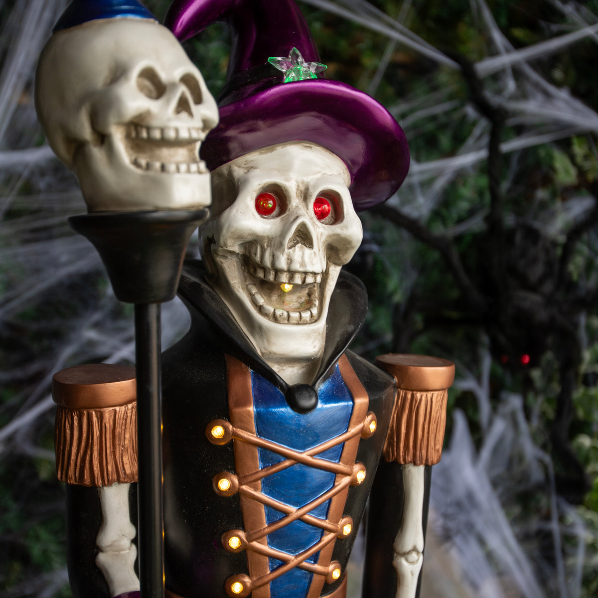 4ft Blue and Purple Halloween Nutcracker Skeleton with Skull Staff and LED Lights