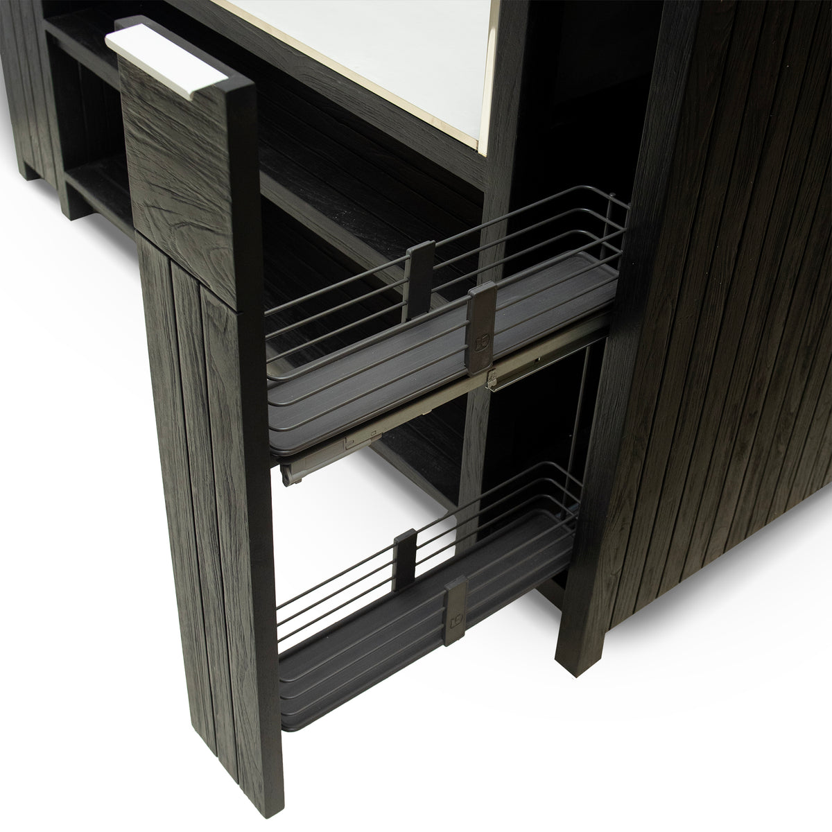 Draco Grills Teak Carbon Line Modular Outdoor Kitchen 4 Burner Black Stainless Steel Barbecue with Single Fridge and Sink Cabinet