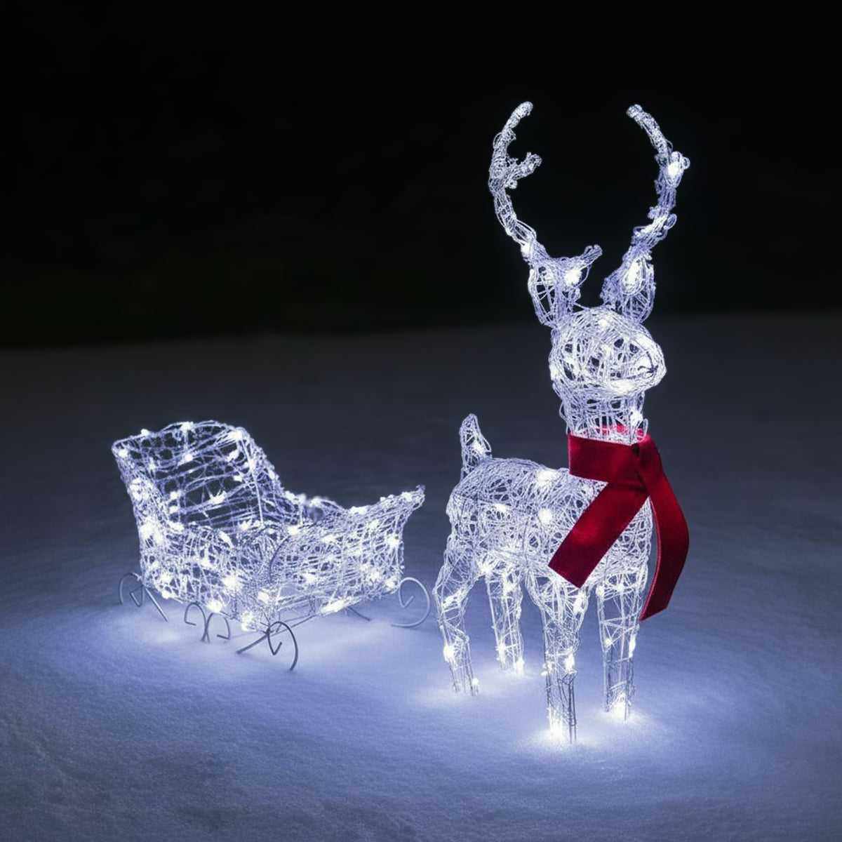 Pre-Lit Christmas Reindeer - 68cm Soft Acrylic Light Up Reindeer & Sleigh with 120 White LEDs