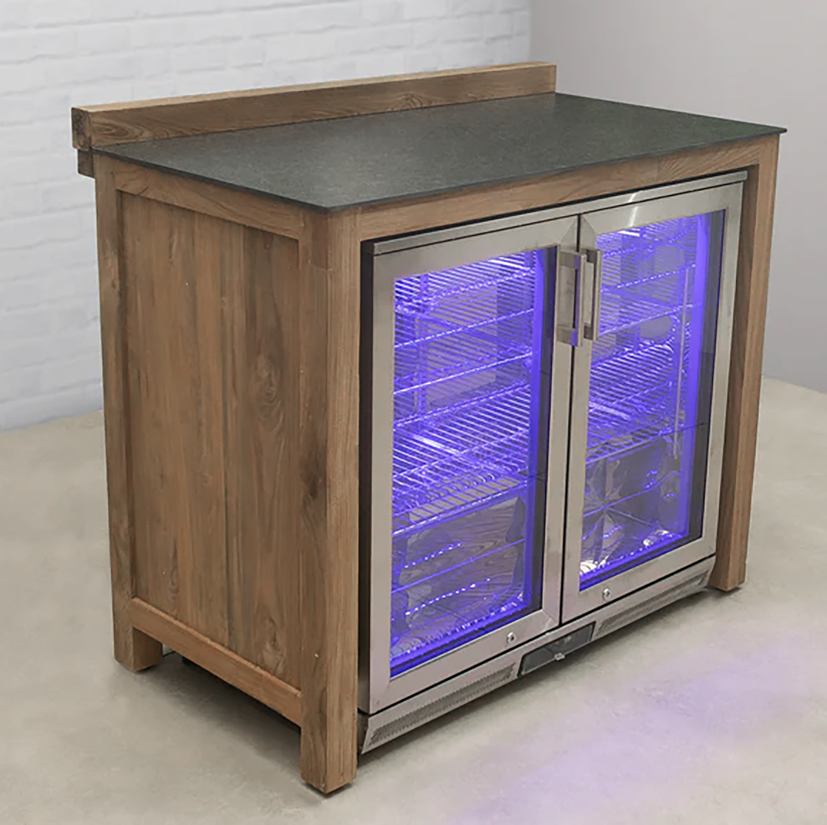 Draco Grills Teak Modular Outdoor Kitchen Double Fridge Cabinet with Ceramic Top