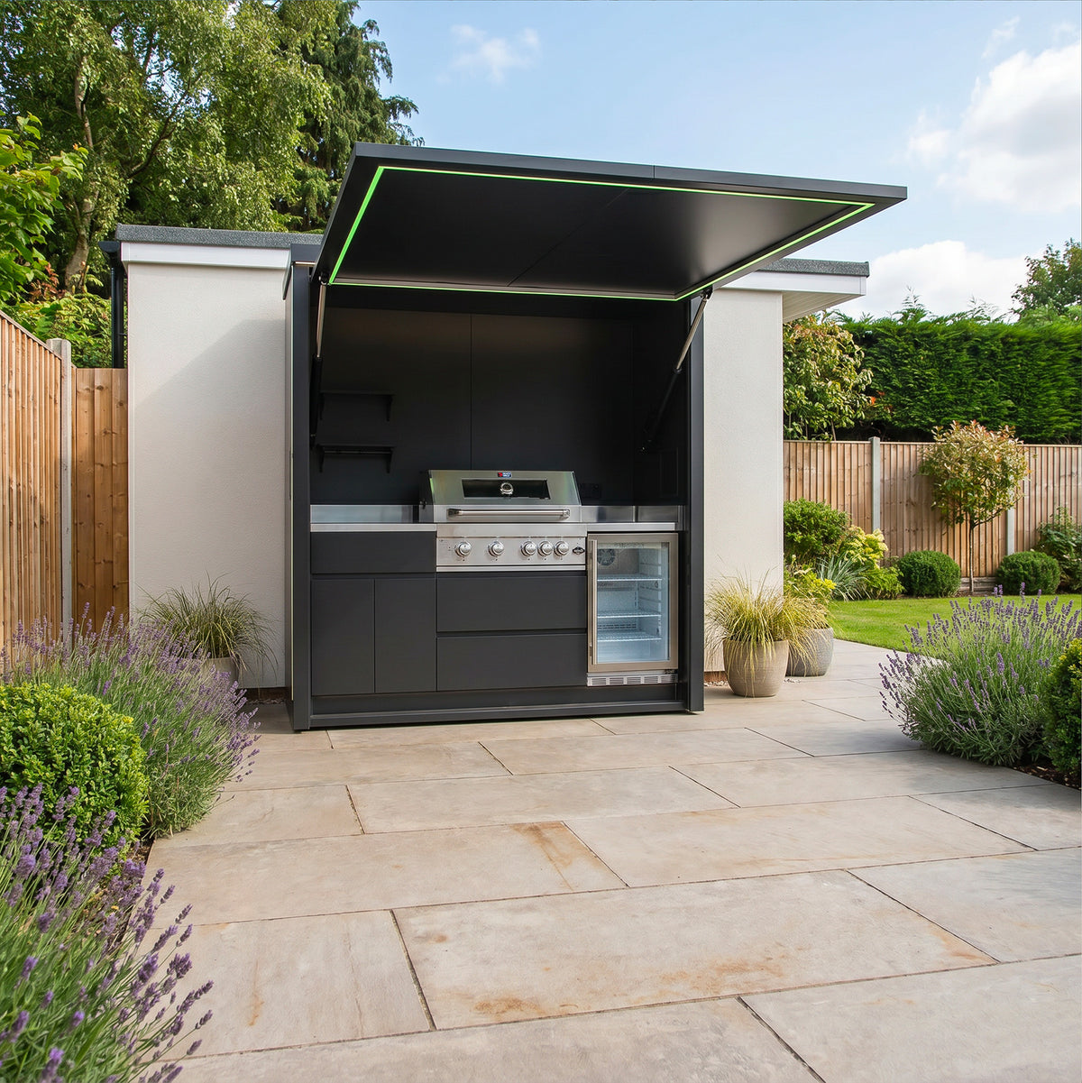 Draco Grills Outdoor Kitchen Garden Pod with 4 Burner Stainless Steel Barbecue and Fridge
