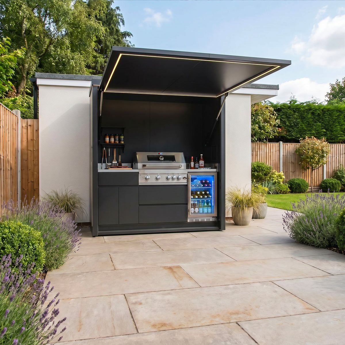 Draco Grills Outdoor Kitchen Garden Pod with 4 Burner Stainless Steel Barbecue and Fridge