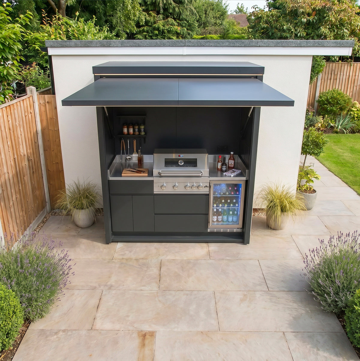 Draco Grills Outdoor Kitchen Garden Pod with 4 Burner Stainless Steel Barbecue and Fridge