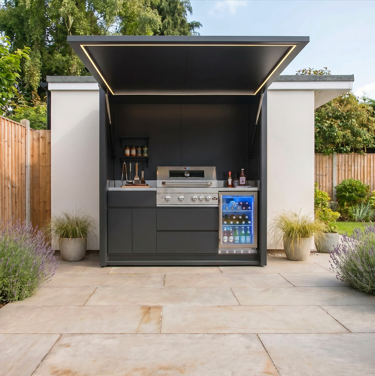 Draco Grills Outdoor Kitchen Garden Pod with 4 Burner Stainless Steel Barbecue and Fridge