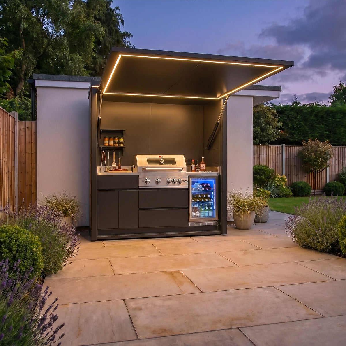Draco Grills Outdoor Kitchen Garden Pod with 4 Burner Stainless Steel Barbecue and Fridge