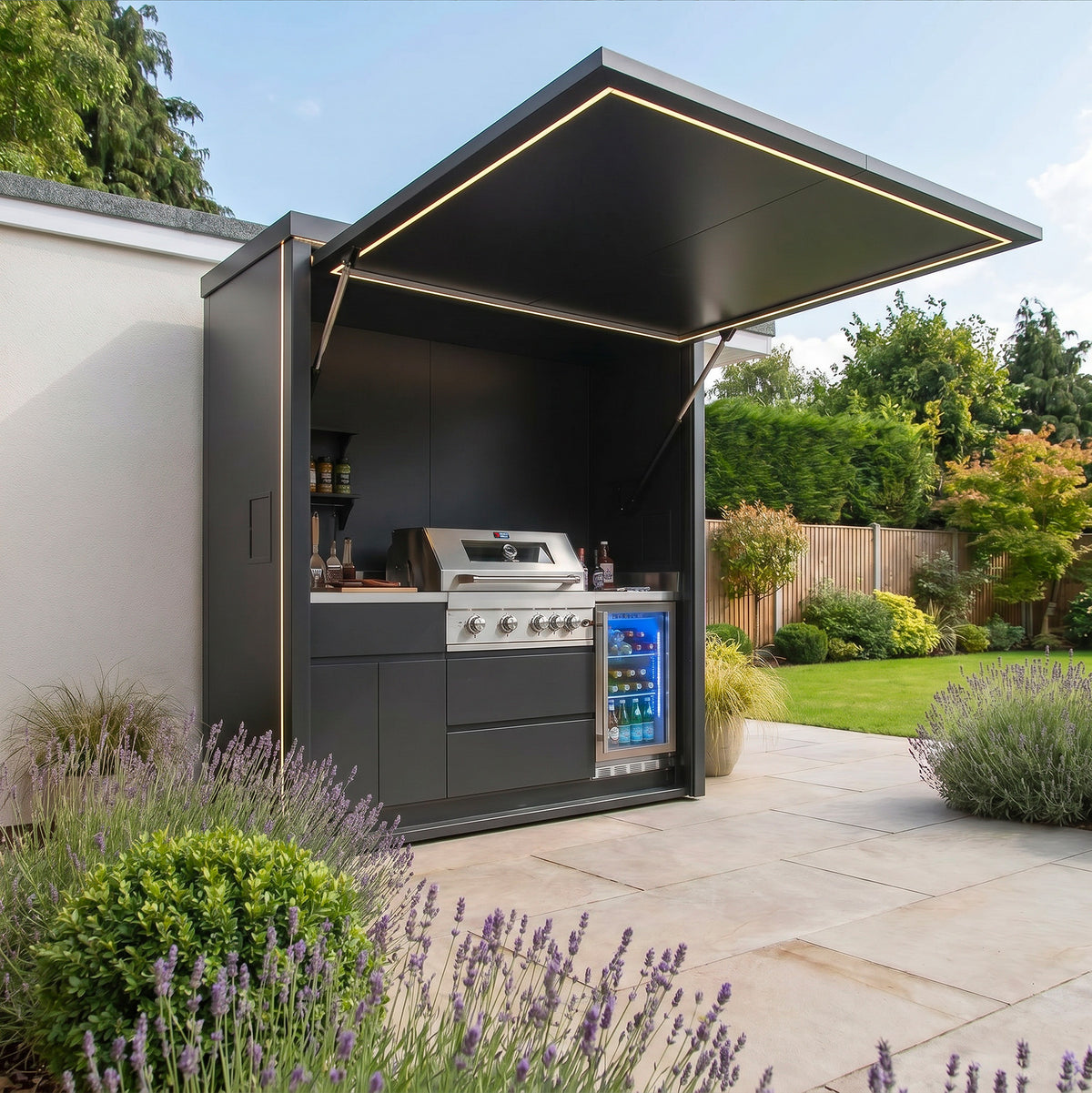 Draco Grills Outdoor Kitchen Garden Pod with 4 Burner Stainless Steel Barbecue and Fridge