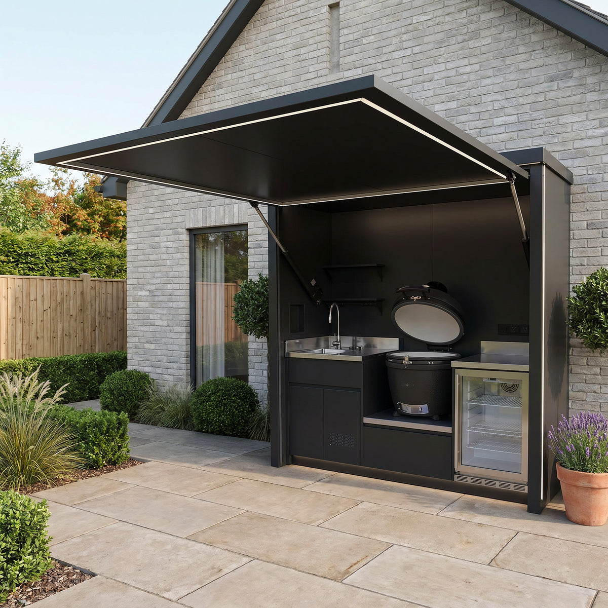 Draco Grills Outdoor Kitchen Garden Pod with Stainless Steel Sink, Fridge and Kamado Barbecue