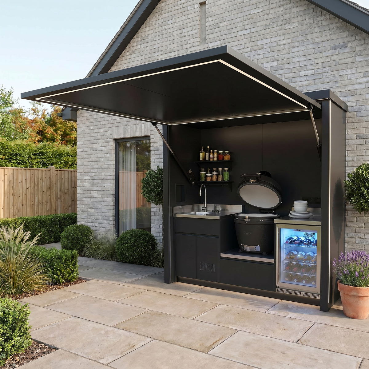 Draco Grills Outdoor Kitchen Garden Pod with Stainless Steel Sink, Fridge and Kamado Barbecue