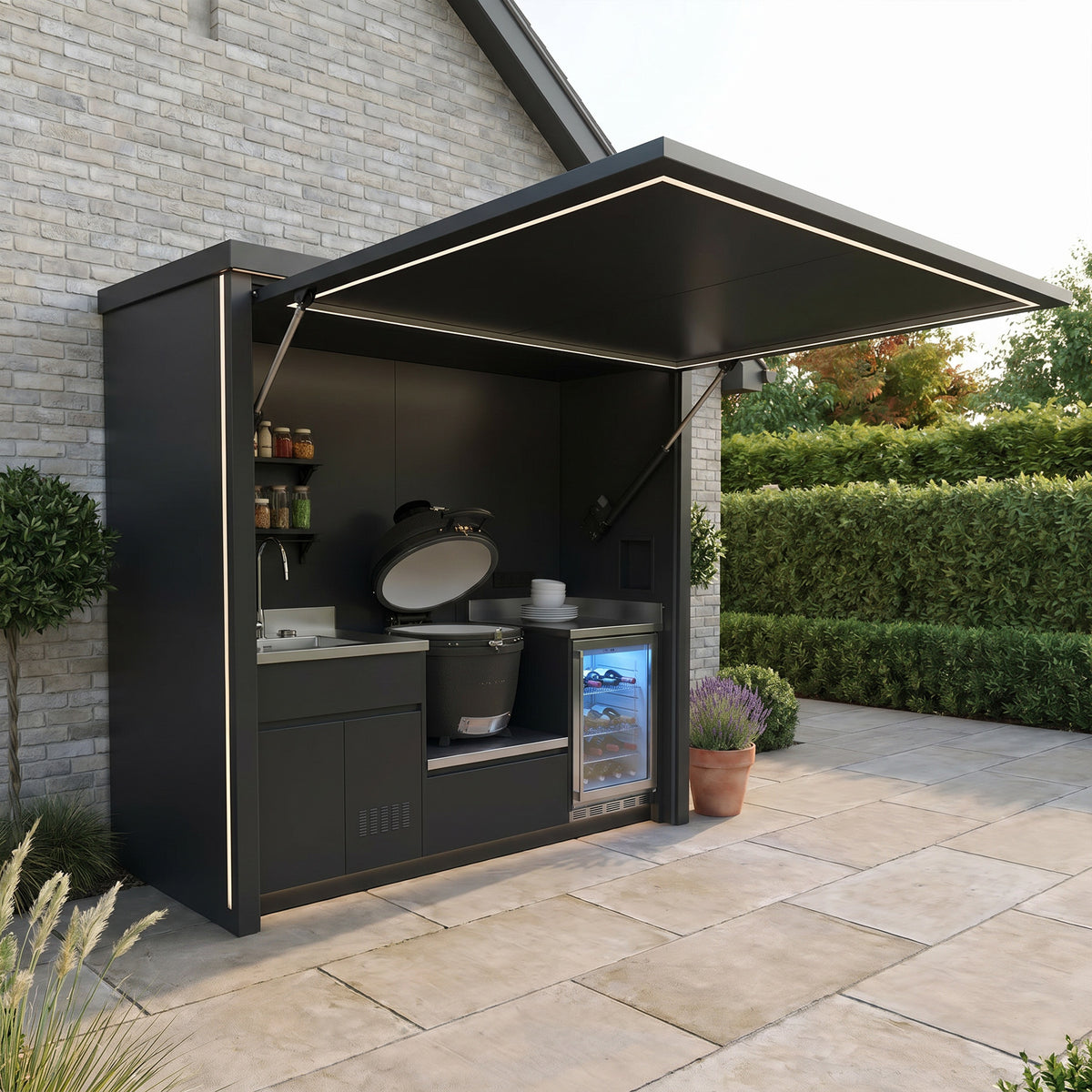 Draco Grills Outdoor Kitchen Garden Pod with Stainless Steel Sink, Fridge and Kamado Barbecue