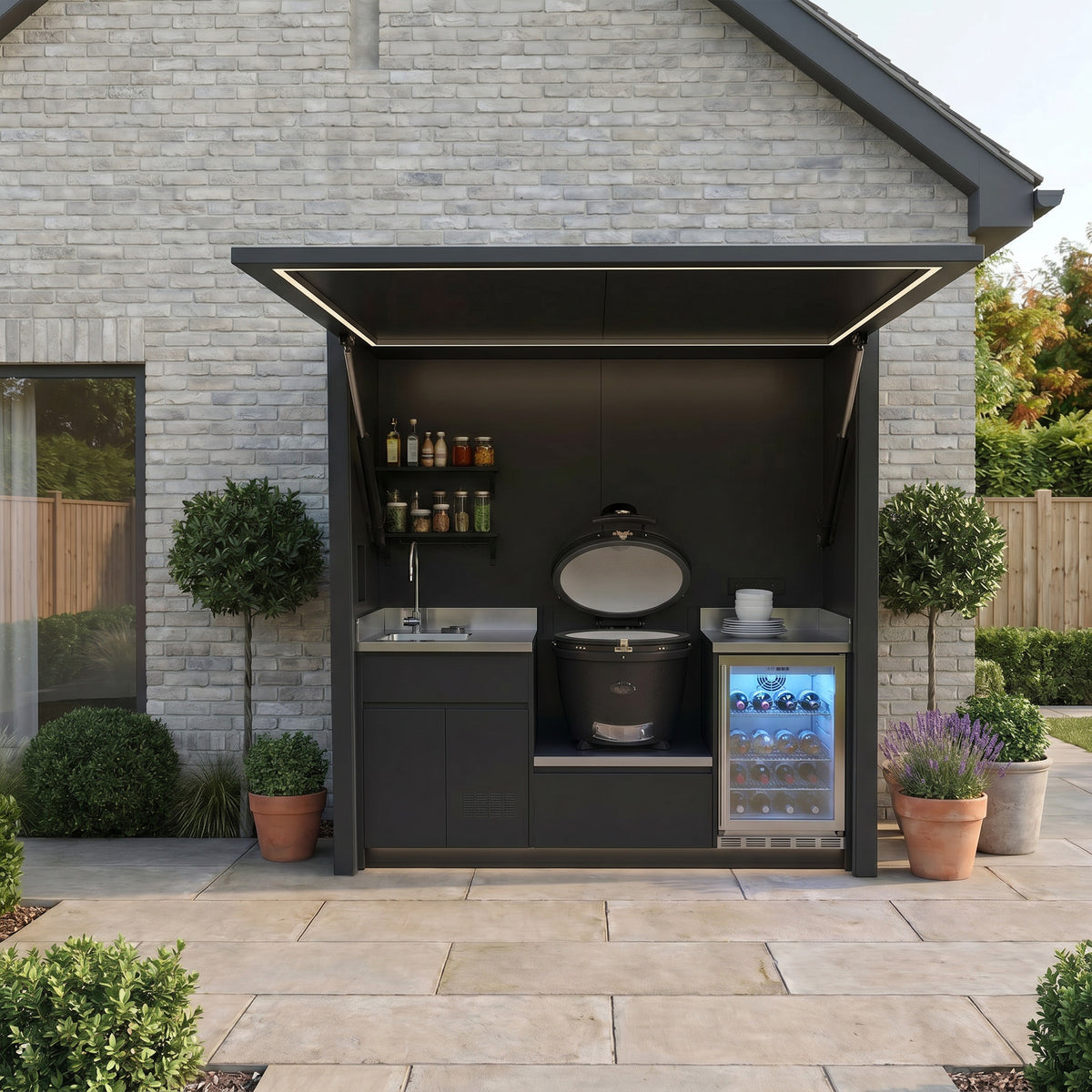 Draco Grills Outdoor Kitchen Garden Pod with Stainless Steel Sink, Fridge and Kamado Barbecue