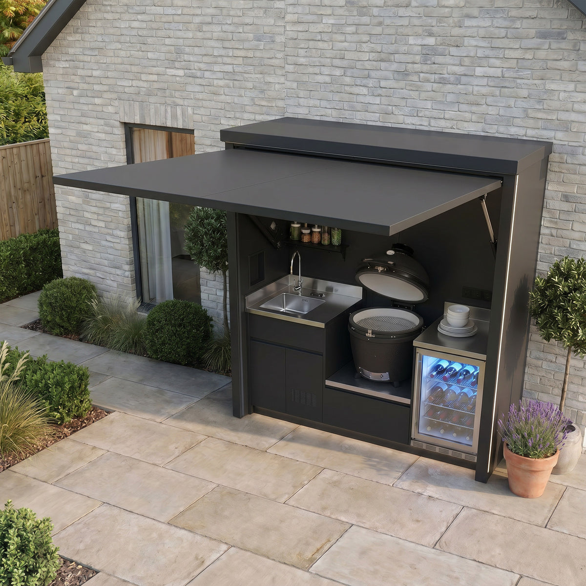 Draco Grills Outdoor Kitchen Garden Pod with Stainless Steel Sink, Fridge and Kamado Barbecue