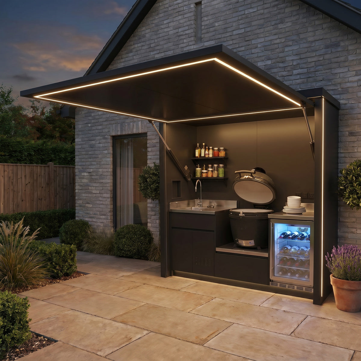 Draco Grills Outdoor Kitchen Garden Pod with Stainless Steel Sink, Fridge and Kamado Barbecue