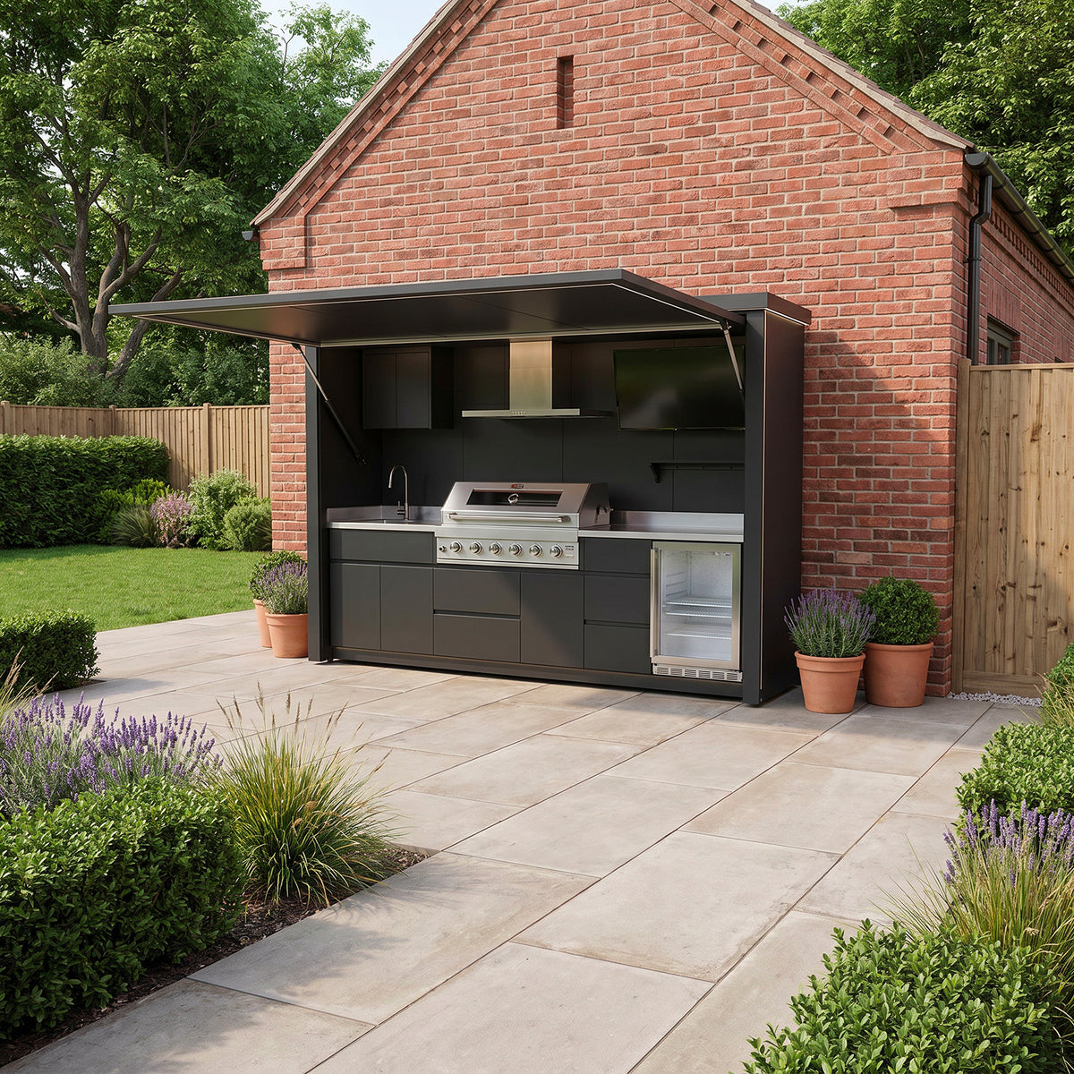 Draco Grills Outdoor Kitchen Garden Pod with 6 Burner Stainless Steel Barbecue, Sink and Fridge