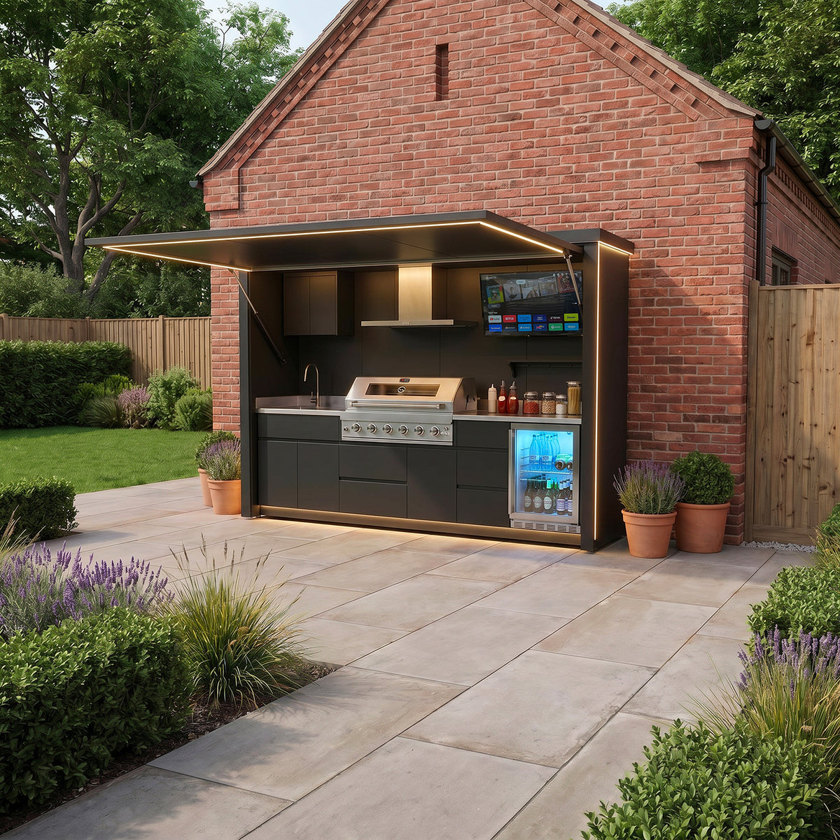Draco Grills Outdoor Kitchen Garden Pod with 6 Burner Stainless Steel Barbecue, Sink and Fridge