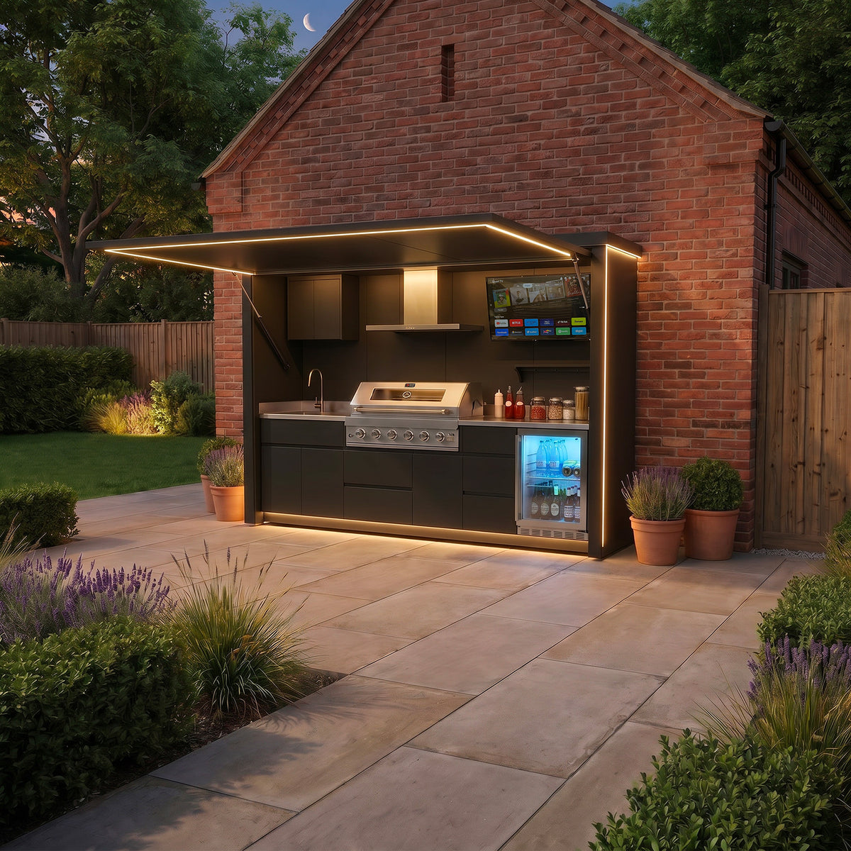 Draco Grills Outdoor Kitchen Garden Pod with 6 Burner Stainless Steel Barbecue, Sink and Fridge