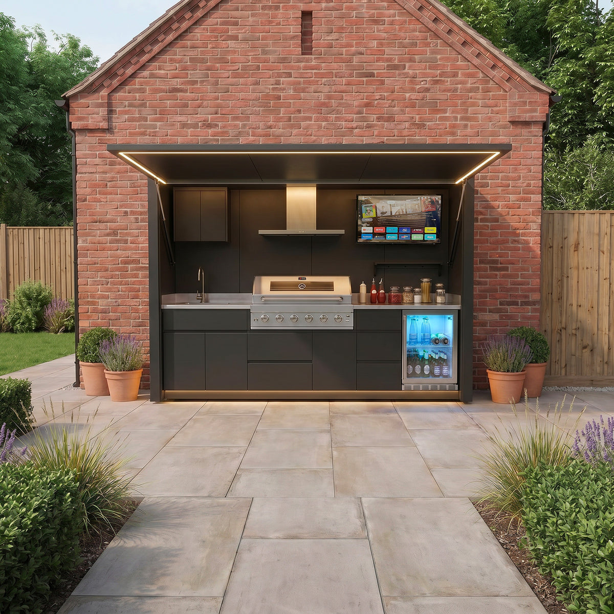 Draco Grills Outdoor Kitchen Garden Pod with 6 Burner Stainless Steel Barbecue, Sink and Fridge