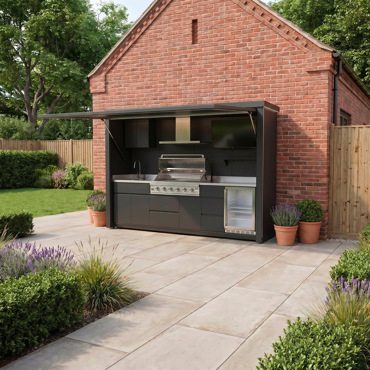 Draco Grills Outdoor Kitchen Garden Pod with 6 Burner Stainless Steel Barbecue, Sink and Fridge