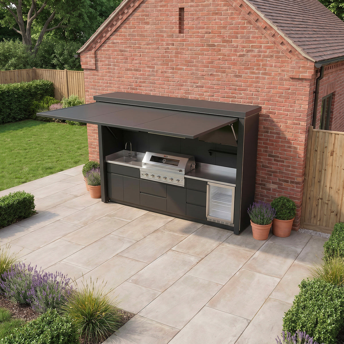 Draco Grills Outdoor Kitchen Garden Pod with 6 Burner Stainless Steel Barbecue, Sink and Fridge