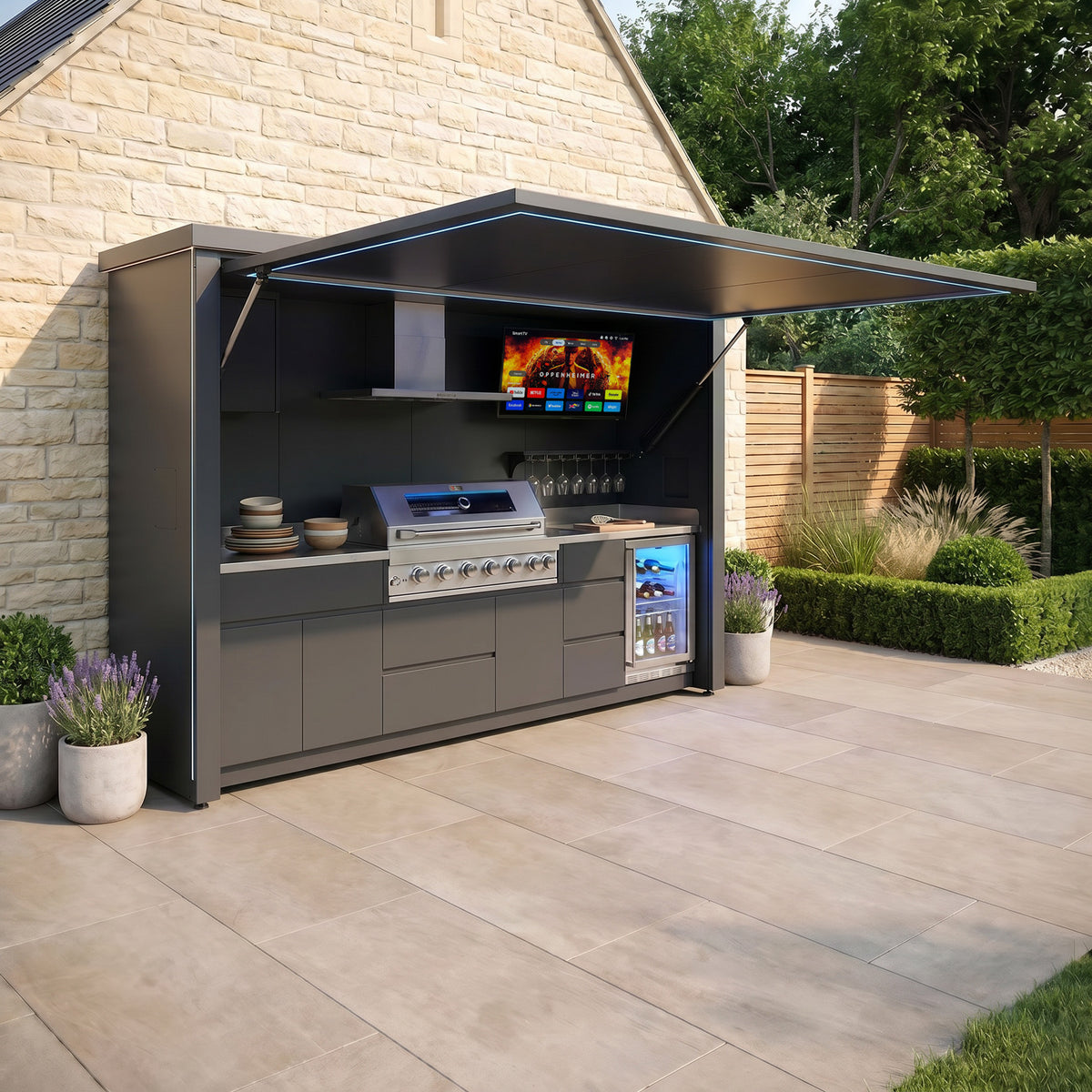 Draco Grills Outdoor Kitchen Garden Pod with 6 Burner Stainless Steel Barbecue and Fridge