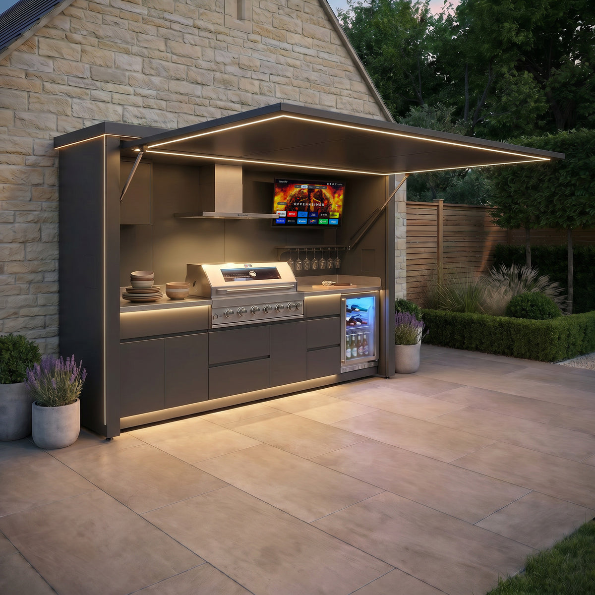 Draco Grills Outdoor Kitchen Garden Pod with 6 Burner Stainless Steel Barbecue and Fridge