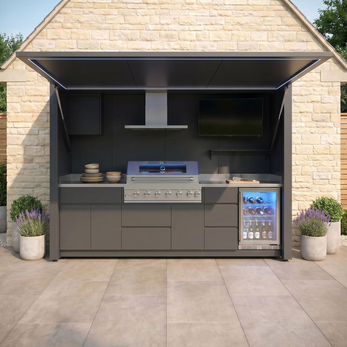 Draco Grills Outdoor Kitchen Garden Pod with 6 Burner Stainless Steel Barbecue and Fridge