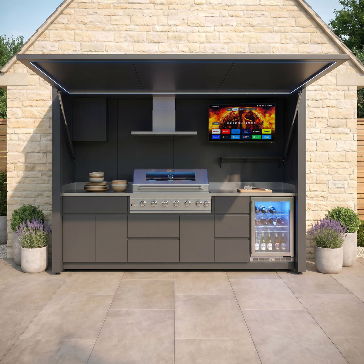 Draco Grills Outdoor Kitchen Garden Pod with 6 Burner Stainless Steel Barbecue and Fridge