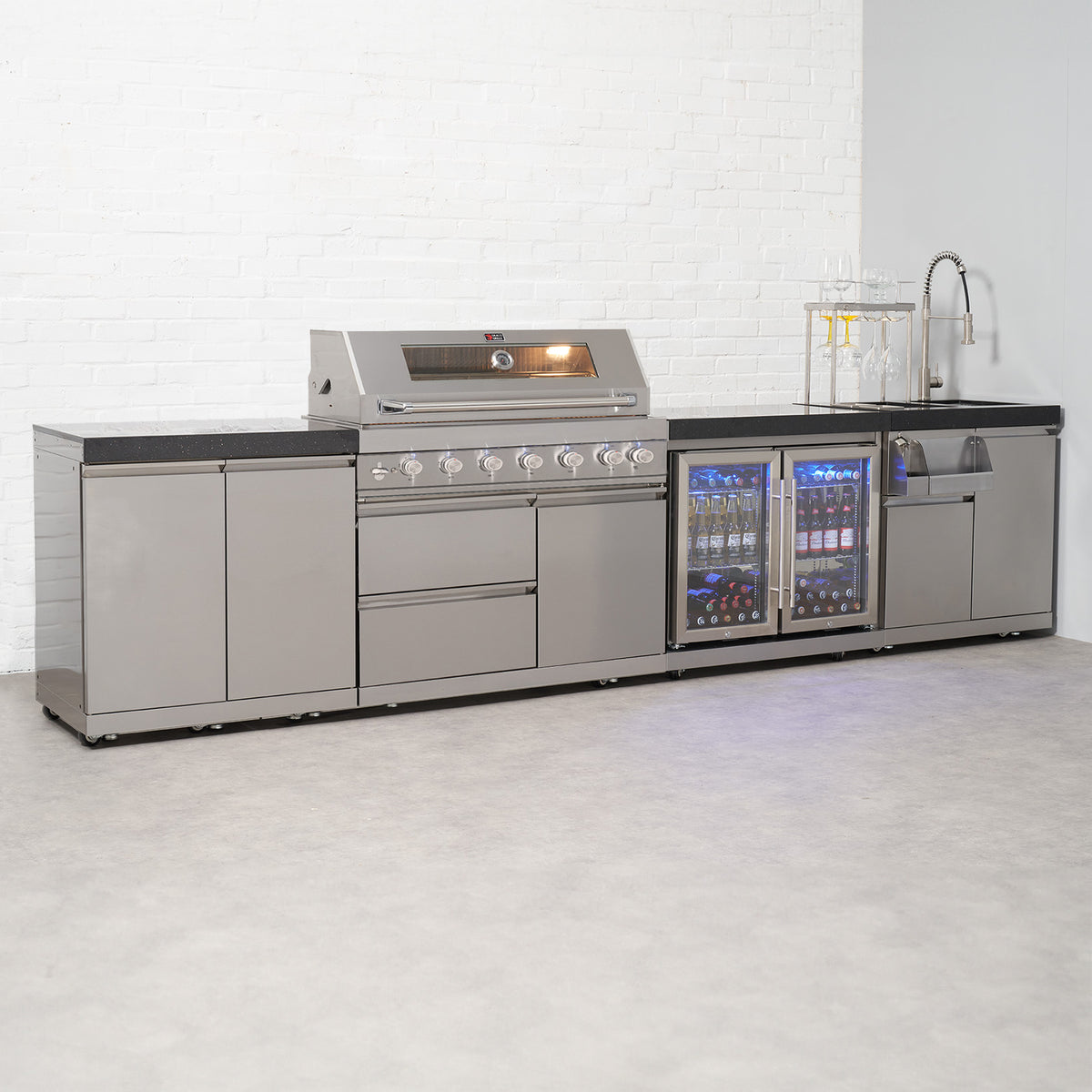Draco Grills 6 Burner BBQ Modular Outdoor Kitchen with Cupboard, Double Fridge and Cocktail Station