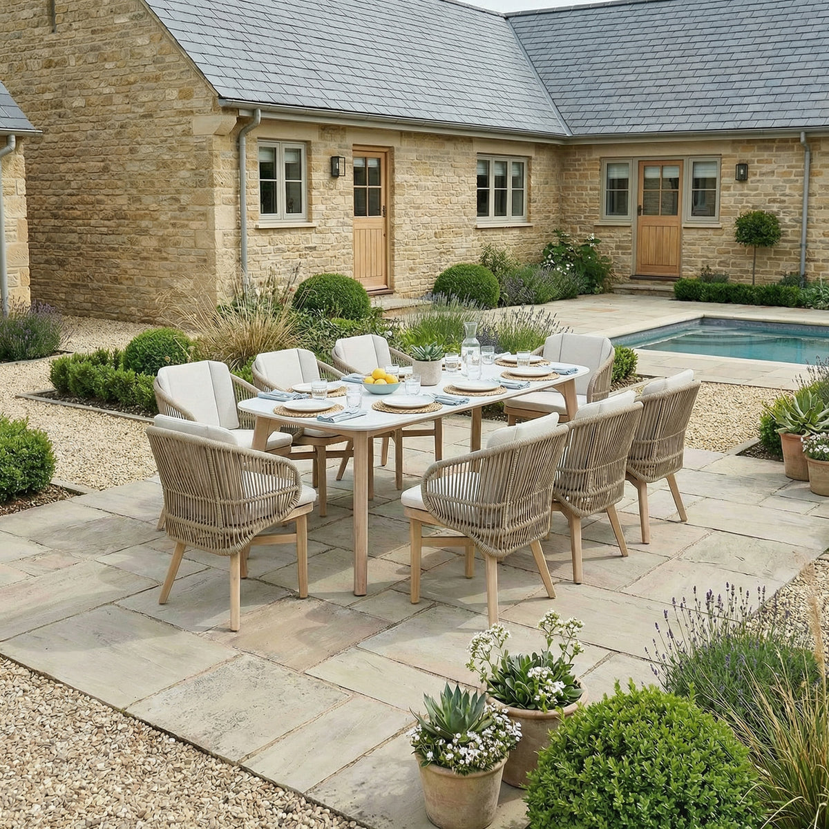 Bracken Outdoors Fairford Eucalyptus Wood and Rope 8 Seat Rectangular Dining Set
