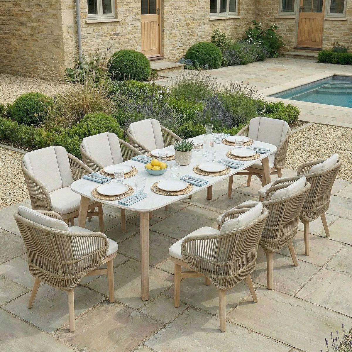 Bracken Outdoors Fairford Eucalyptus Wood and Rope 8 Seat Rectangular Dining Set