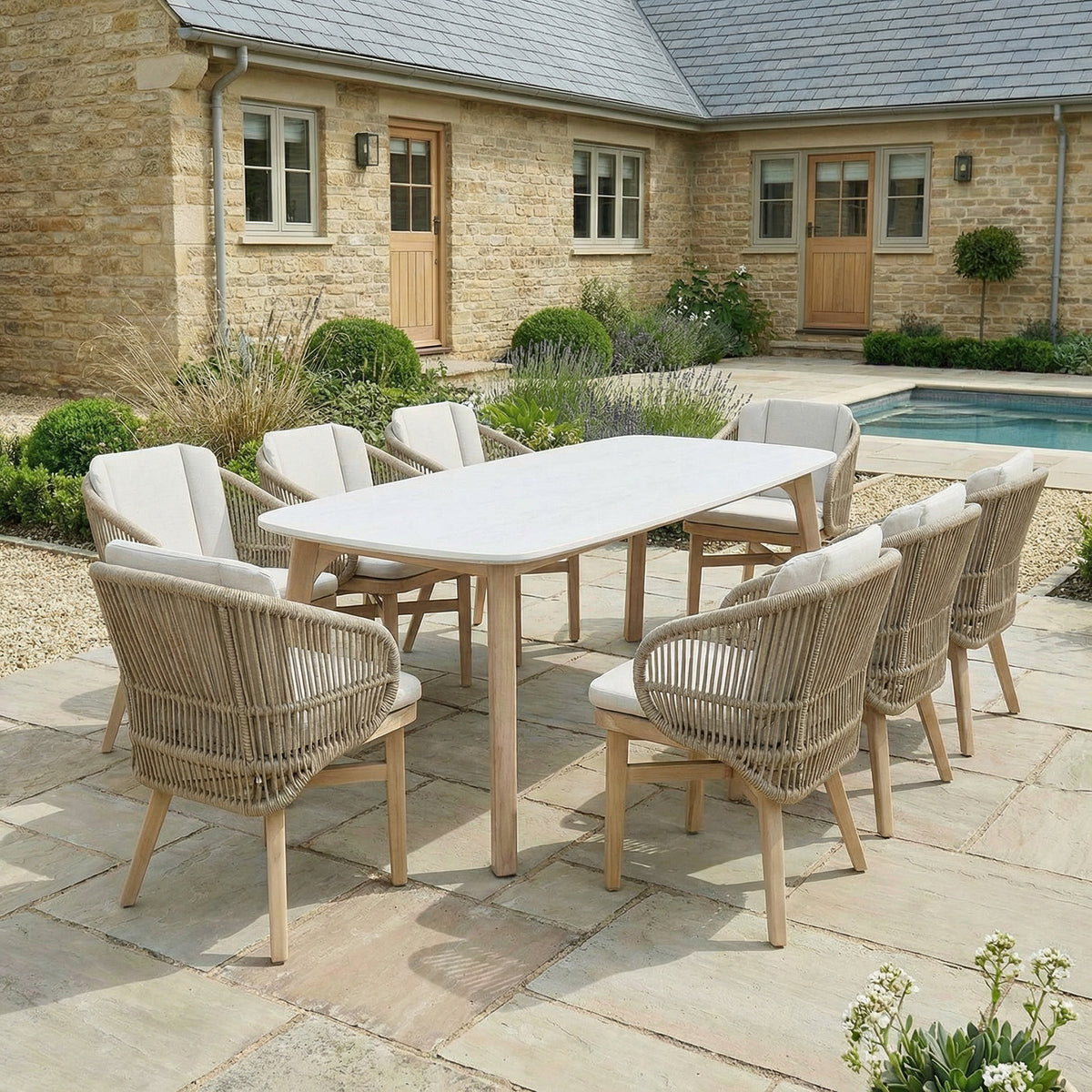 Bracken Outdoors Fairford Eucalyptus Wood and Rope 8 Seat Rectangular Dining Set