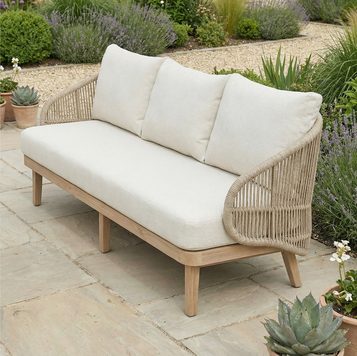 Bracken Outdoors Fairford Eucalyptus Wood and Rope Lounge Sofa Garden Furniture Set with Footstools