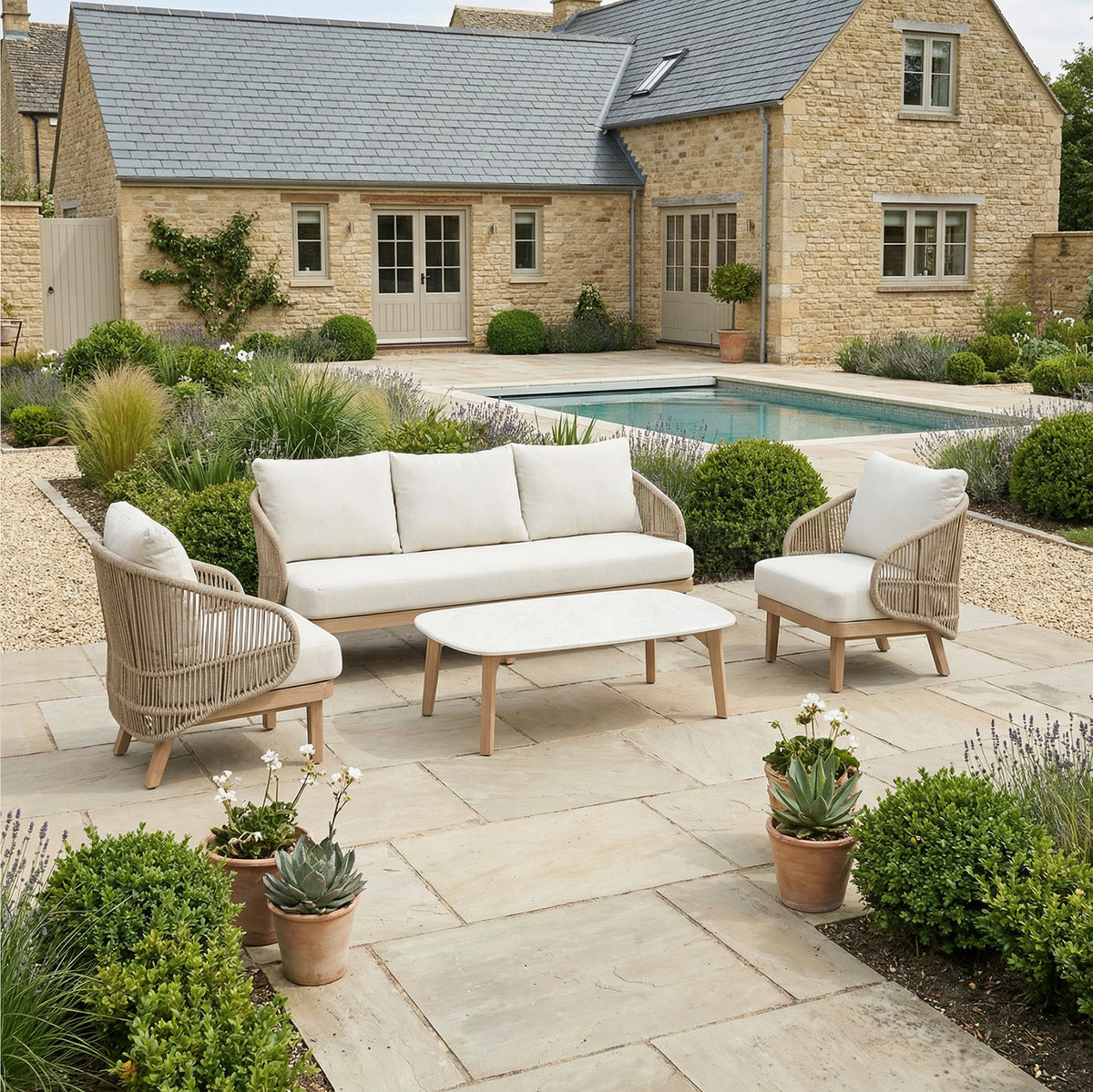 Bracken Outdoors Fairford Eucalyptus Wood and Rope Lounge Sofa Garden Furniture Set with Coffee Table