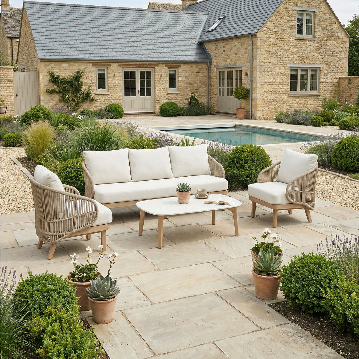 Bracken Outdoors Fairford Eucalyptus Wood and Rope Lounge Sofa Garden Furniture Set with Coffee Table