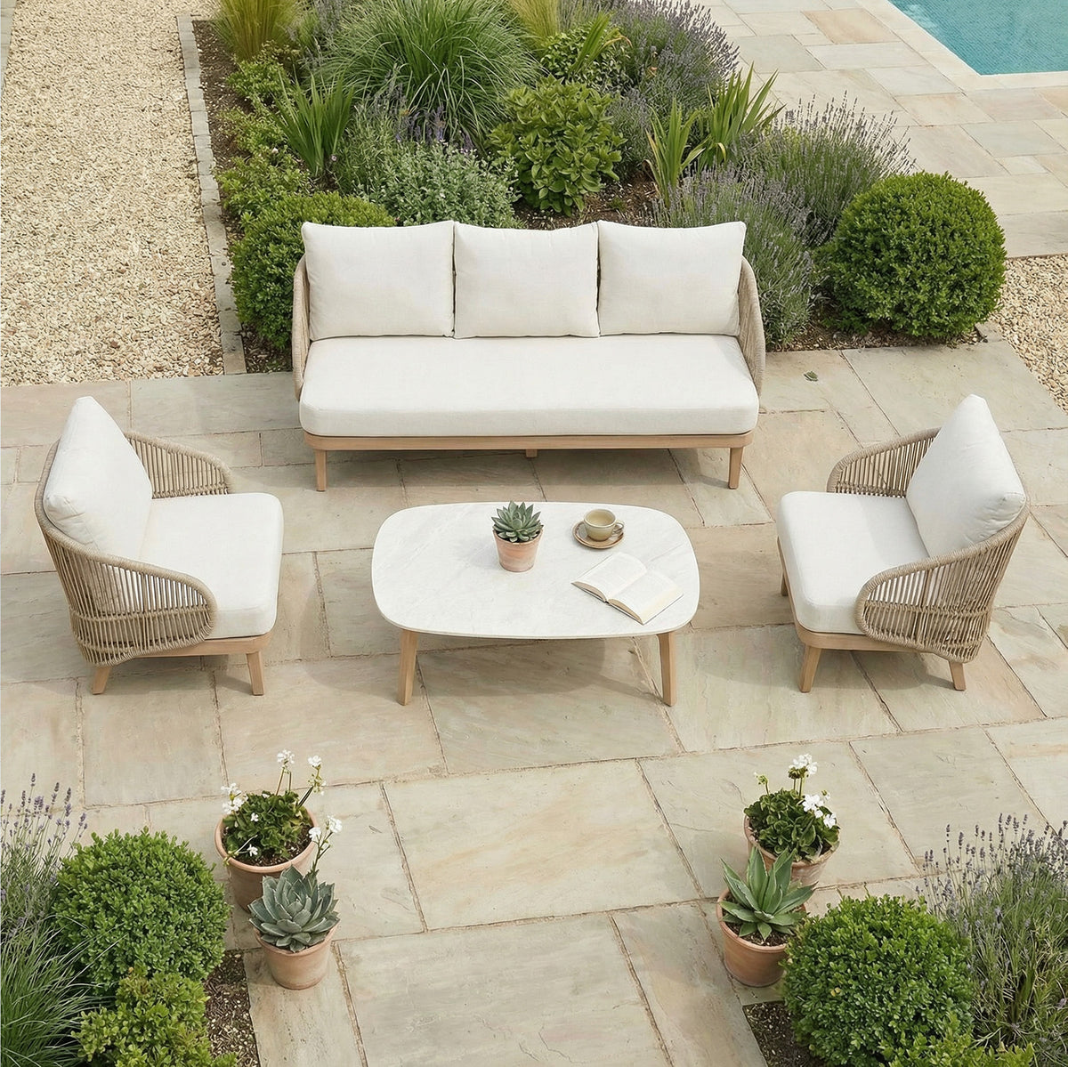 Bracken Outdoors Fairford Eucalyptus Wood and Rope Lounge Sofa Garden Furniture Set with Coffee Table