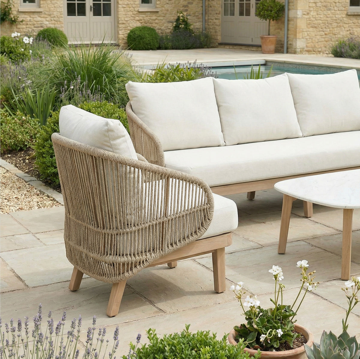 Bracken Outdoors Fairford Eucalyptus Wood and Rope Lounge Sofa Garden Furniture Set with Coffee Table