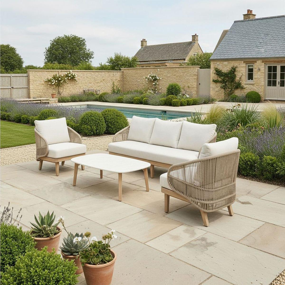 Bracken Outdoors Fairford Eucalyptus Wood and Rope Lounge Sofa Garden Furniture Set with Coffee Table