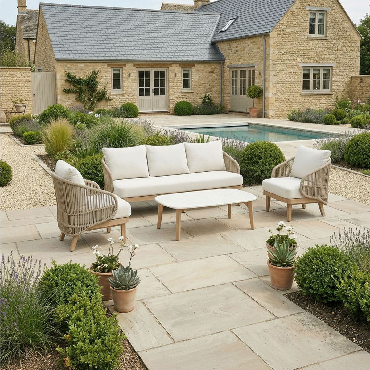 Bracken Outdoors Fairford Eucalyptus Wood and Rope Lounge Sofa Garden Furniture Set with Coffee Table