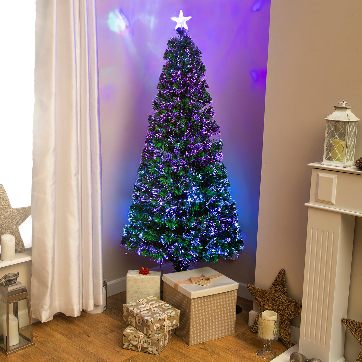 2ft - 7ft Green Fibre Optic Christmas Tree with Multi Coloured Fibre Optic Lights