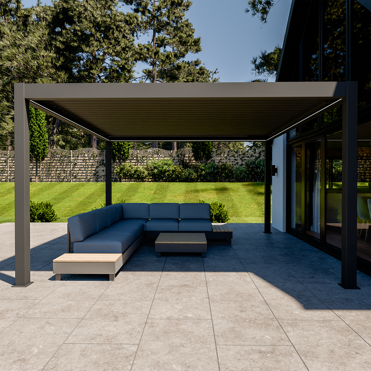 Bracken Outdoors Eclipse Plus 4m x 4m Grey Square Motorised Aluminium Garden Pergola with Lights