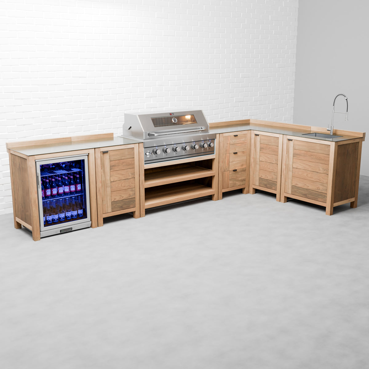 Draco Grills Teak 6 Burner Outdoor Kitchen with Modular Single Fridge, Single Cupboard, Corner Cabinet, Sink