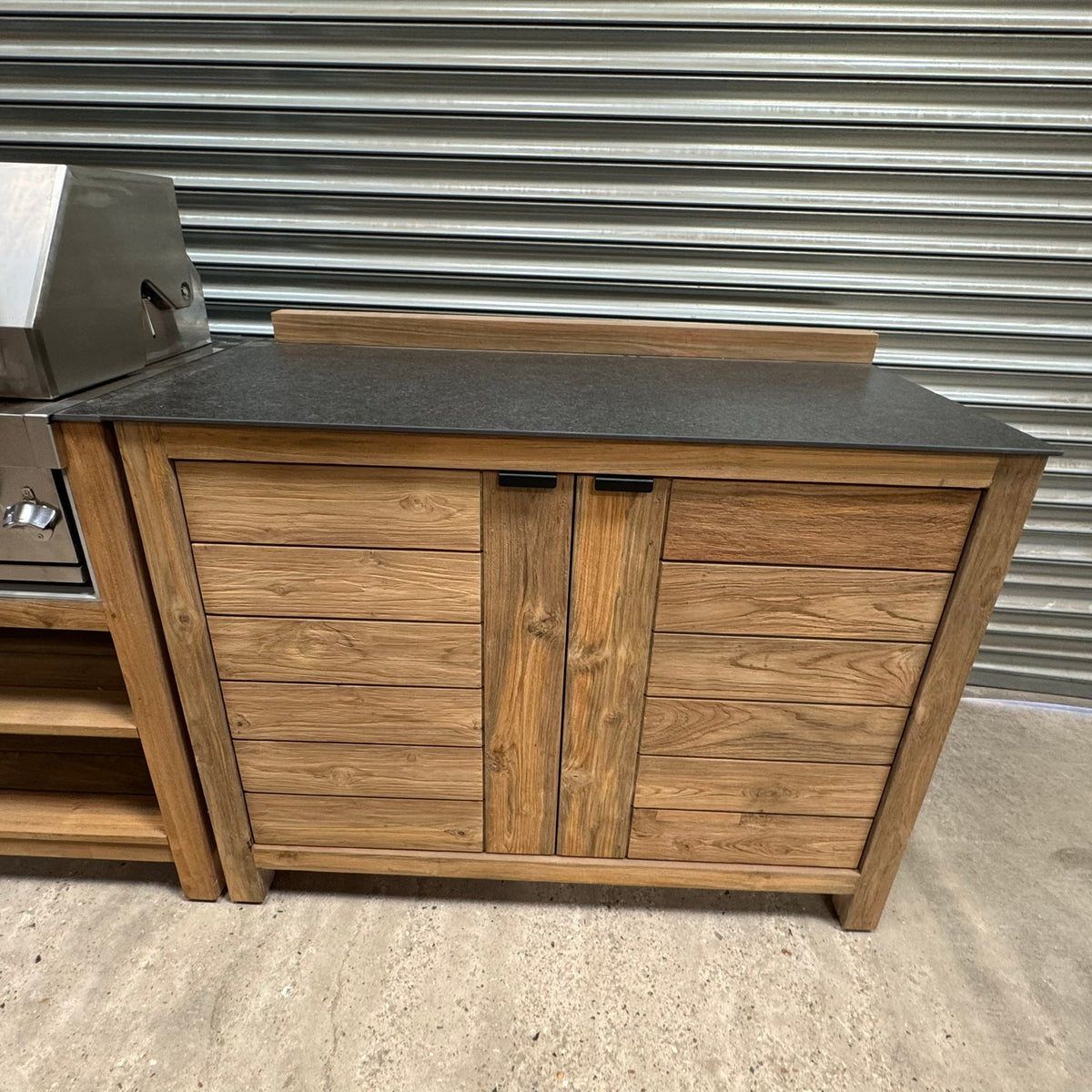 Ex Display Draco Grills Teak 4 Burner Outdoor Kitchen with Modular Double Fridge and Double Cupboard