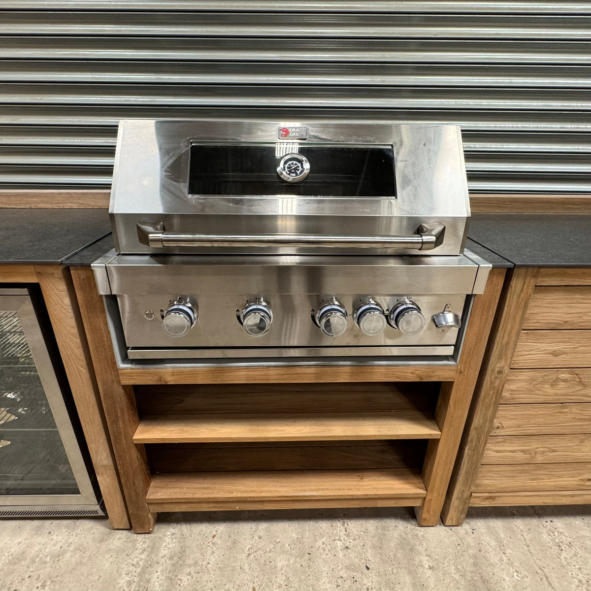 Ex Display Draco Grills Teak 4 Burner Outdoor Kitchen with Modular Double Fridge and Double Cupboard