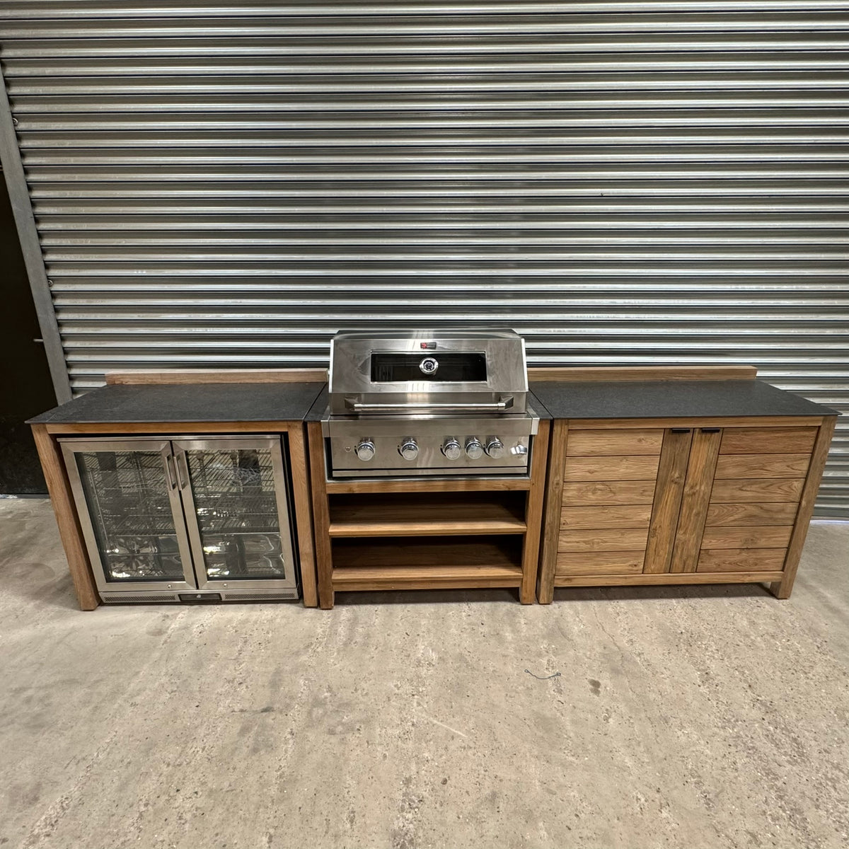 Ex Display Draco Grills Teak 4 Burner Outdoor Kitchen with Modular Double Fridge and Double Cupboard