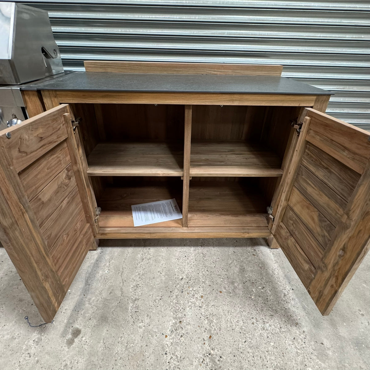 Ex Display Draco Grills Teak 4 Burner Outdoor Kitchen with Modular Double Fridge and Double Cupboard