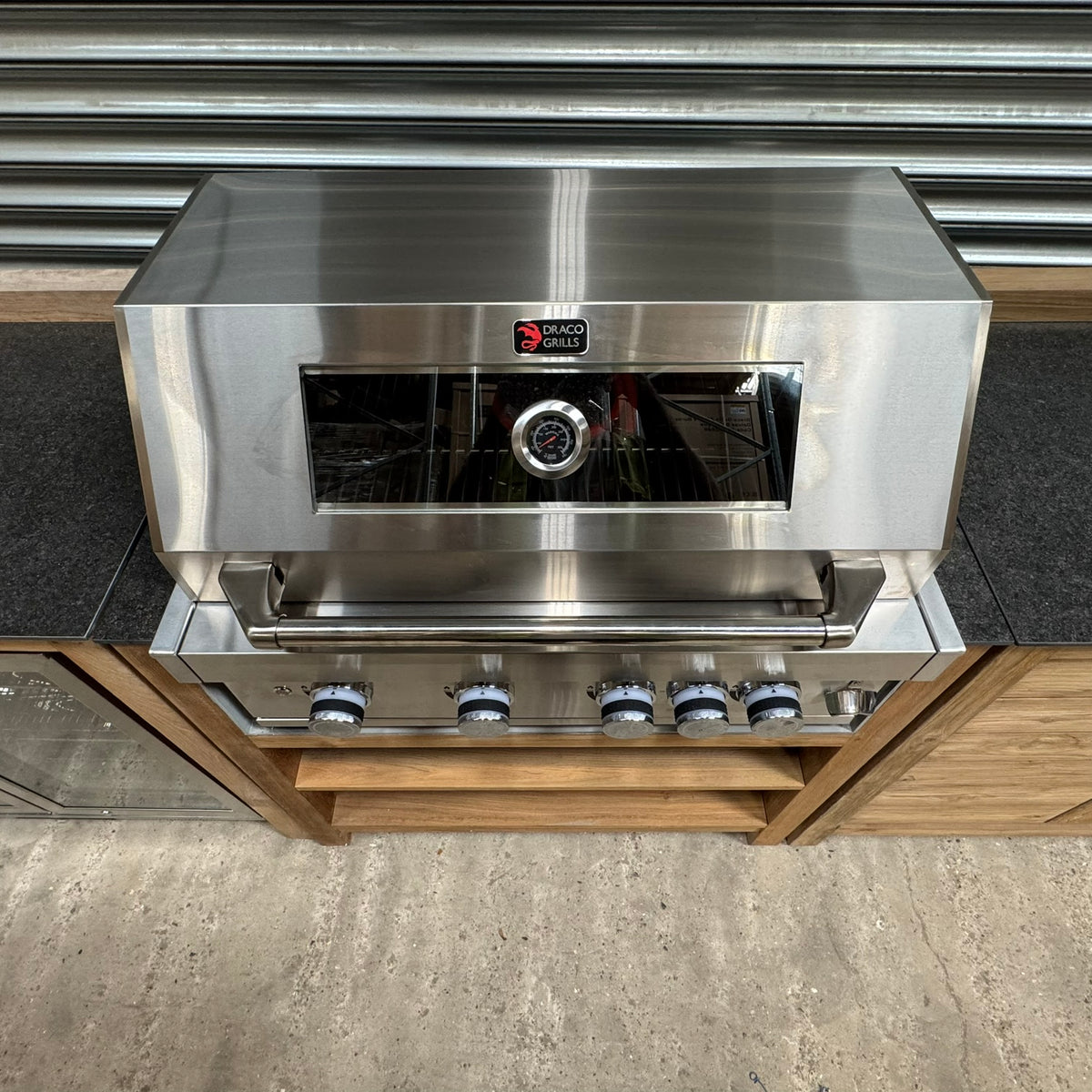 Ex Display Draco Grills Teak 4 Burner Outdoor Kitchen with Modular Double Fridge and Double Cupboard