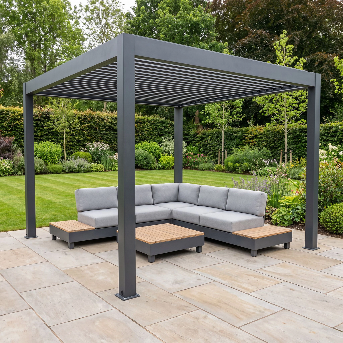 Bracken Outdoors Eclipse Plus 3m x 3m Grey Square Motorised Aluminium Garden Pergola with Lights