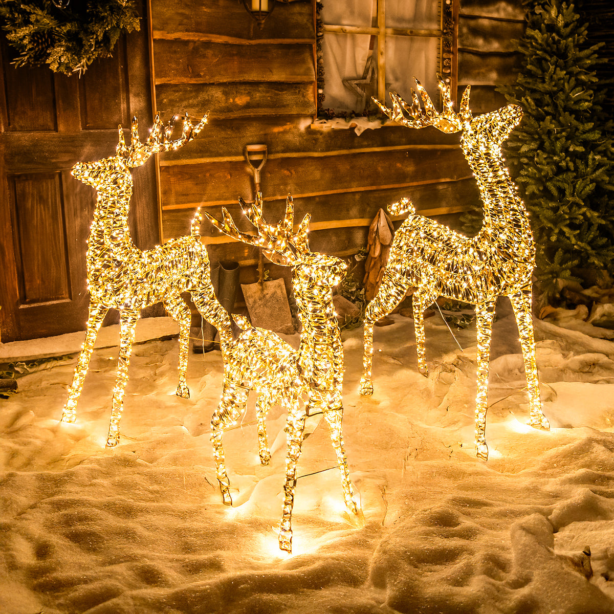 Pre-Lit Christmas Gold Laser Lit Reindeer Trio with Warm White LED Micro-Lights