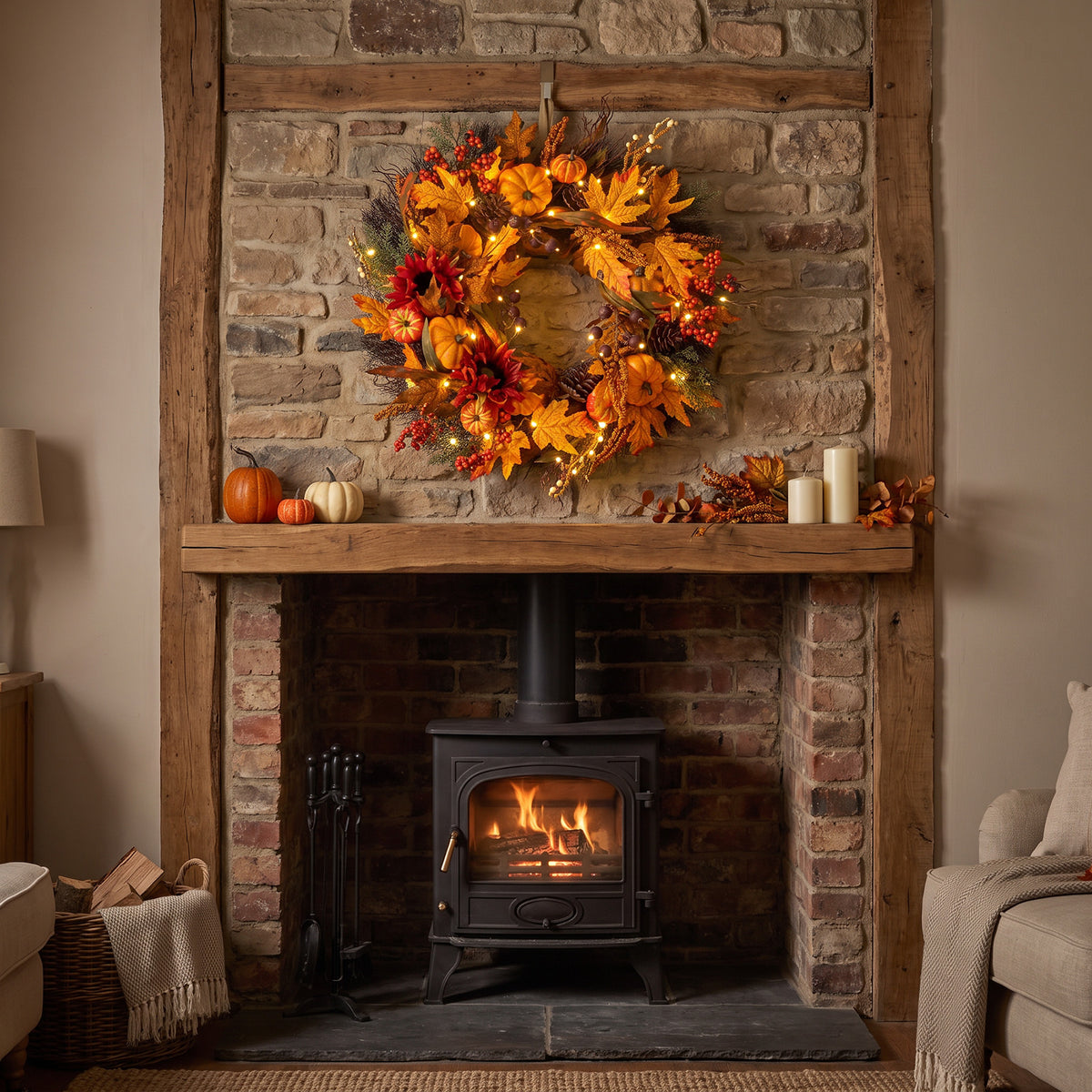 The Christmas Centre 26in Prelit Orchard Autumn Wreath with Warm White Battery Operated LED Lights